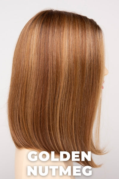 Color Swatch Golden Nutmeg for Envy wig Chelsea Human Hair Blend.  Medium brown base with a red hue, golden blonde highlights and a rich chocolate brown root.