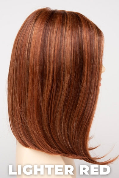 Color Swatch Lighter Red for Envy wig Chelsea Human Hair Blend. Auburn red base with bright copper and golden strawberry blonde highlights.