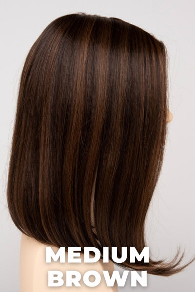 Color Swatch Medium Brown for Envy wig Chelsea Human Hair Blend. A rich neutral brown with lowlights and highlights woven throughout.