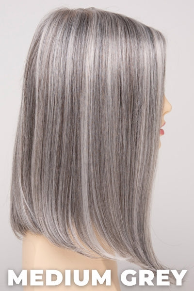Color Swatch Medium Grey for Envy wig Chelsea Human Hair Blend. A silvery blend of salt and pepper with medium brown woven throughout.