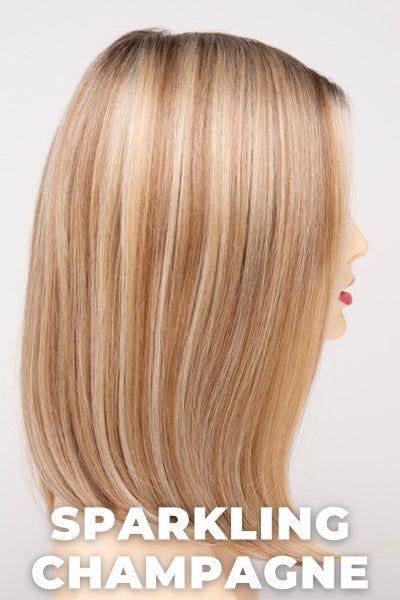 Color Swatch Sparkling Champagne for Envy wig Chelsea Human Hair Blend.  Golden blonde base with champagne and pale blonde highlights and a chestnut brown rooting.