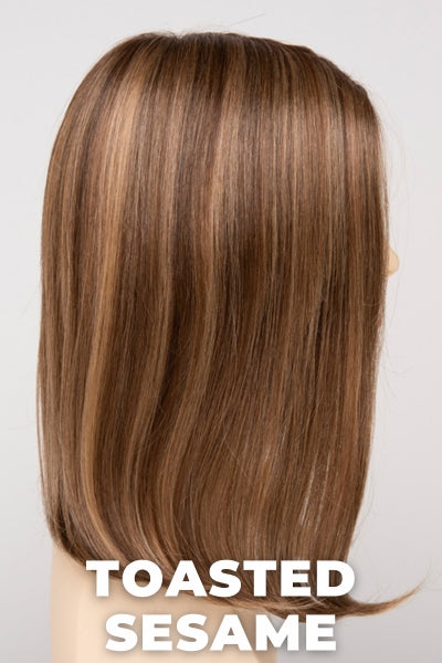 Color Swatch Toasted Sesame for Envy wig Chelsea Human Hair Blend.  Light brown base with wheat blonde and dark blonde highlights and a chestnut brown rooting.