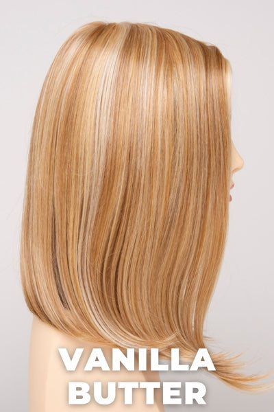Color Swatch Vanilla Butter for Envy wig Chelsea Human Hair Blend. Golden blonde base with pale blonde and honey blonde highlights.