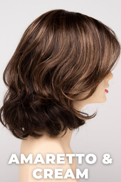 Color Swatch Amaretto & Cream for Envy wig Chloe.  Medium brown base with dark brown roots and subtle blonde highlights with a gold and red undertone.