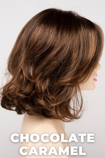 Color Swatch Chocolate Caramel for Envy wig Chloe. Rich chocolate brown with warm golden chestnut brown highlights.