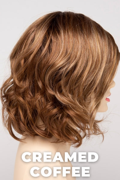 Color Swatch Creamed Coffee for Envy wig Chloe.  Rich brown base with a warm Mahogony and copper brown with strawberry blonde dimensions.