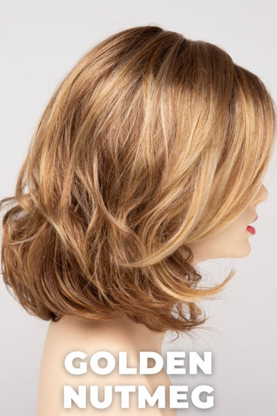 Color Swatch Golden Nutmeg for Envy wig Chloe.  Medium brown base with a red hue, golden blonde highlights and a rich chocolate brown root.