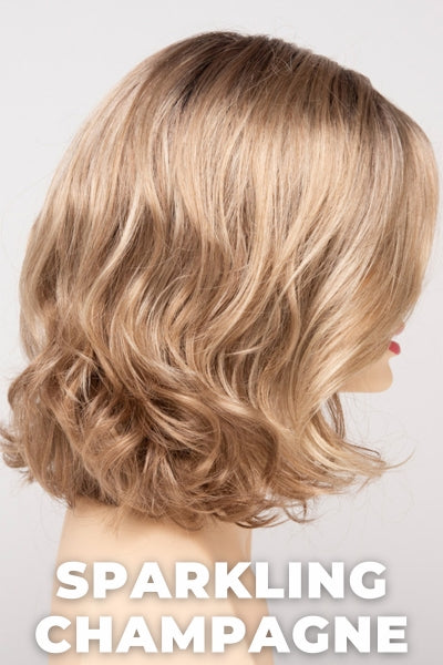 Color Swatch Sparkling Champagne for Envy wig Chloe.  Golden blonde base with champagne and pale blonde highlights and a chestnut brown rooting.