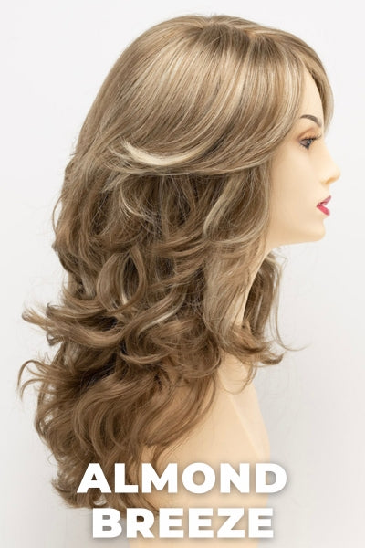 Color Swatch Almond Breeze for Envy wig Christine. Dark warm honey blonde with subtle creamy blonde and pale blonde highlights.