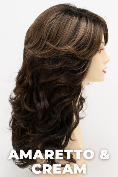 Color Swatch Amaretto & Cream for Envy wig Christine.  Medium brown base with dark brown roots and subtle blonde highlights with a gold and red undertone.