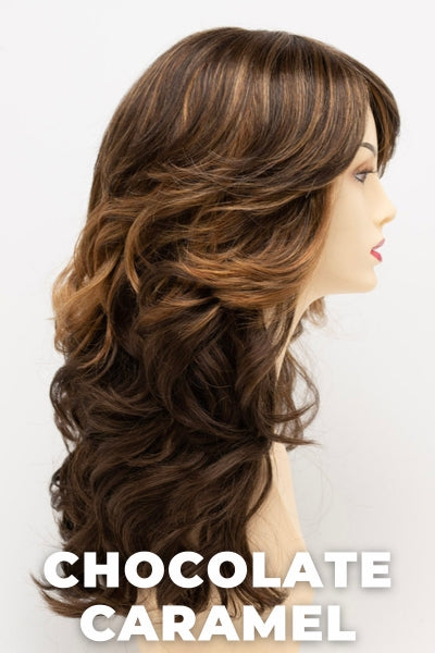 Color Swatch Chocolate Caramel for Envy wig Christine. Rich chocolate brown with warm golden chestnut brown highlights.