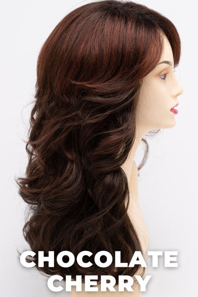 Color Swatch Chocolate Cherry for Envy wig Christine.  Medium brown base with subtle red undertones and deep copper and golden brown highlights.