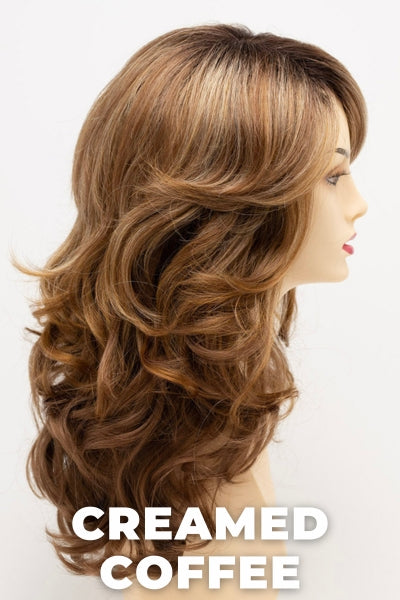 Color Swatch Creamed Coffee for Envy wig Christine.  Rich brown base with a warm Mahogony and copper brown with strawberry blonde dimensions.