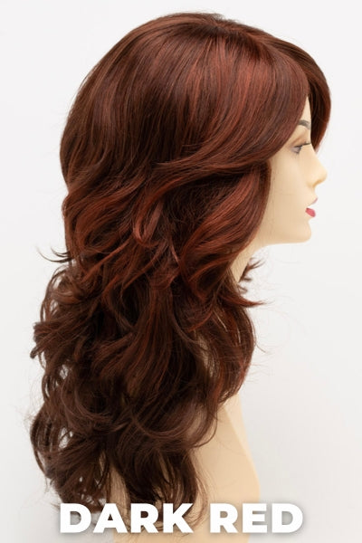 Color Swatch Dark Red for Envy wig Christine. Dark auburn red base with a blend of deep copper, mahogany and bright burgundy woven throughout.