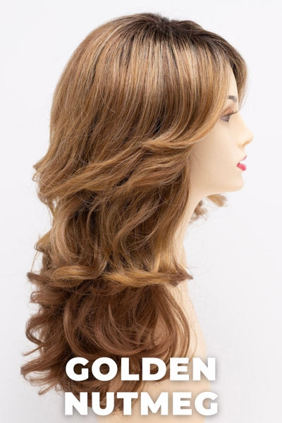Color Swatch Golden Nutmeg for Envy wig Christine.  Medium brown base with a red hue, golden blonde highlights and a rich chocolate brown root.