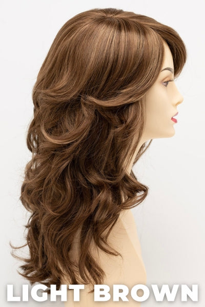 Color Swatch Light Brown for Envy wig Christine. Light brown base with warm golden undertones and reddish brown highlights.