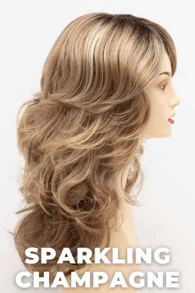 Color Swatch Sparkling Champagne for Envy wig Christine.  Golden blonde base with champagne and pale blonde highlights and a chestnut brown rooting.