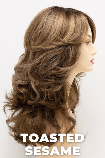 Color Swatch Toasted Sesame for Envy wig Christine.  Light brown base with wheat blonde and dark blonde highlights and a chestnut brown rooting.