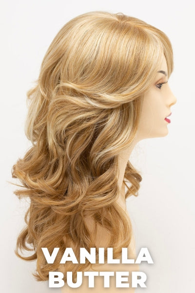 Color Swatch Vanilla Butter for Envy wig Christine. Golden blonde base with pale blonde and honey blonde highlights.