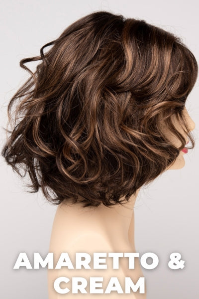 Color Swatch Amaretto & Cream for Envy wig Coco.  Medium brown base with dark brown roots and subtle blonde highlights with a gold and red undertone.