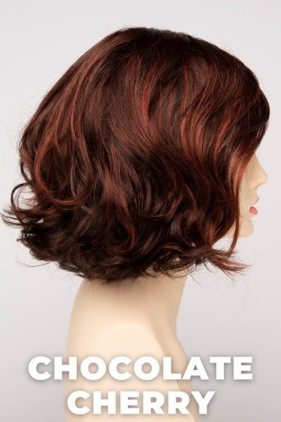 Color Swatch Chocolate Cherry for Envy wig Coco.  Medium brown base with subtle red undertones and deep copper and golden brown highlights.
