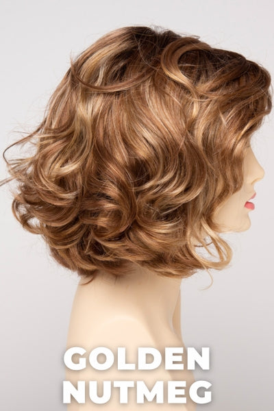 Color Swatch Golden Nutmeg for Envy wig Coco.  Medium brown base with a red hue, golden blonde highlights and a rich chocolate brown root.