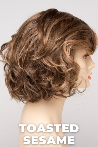 Color Swatch Toasted Sesame for Envy wig Coco.  Light brown base with wheat blonde and dark blonde highlights and a chestnut brown rooting.