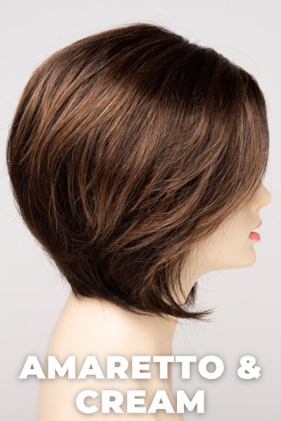 Color Swatch Amaretto & Cream for Envy wig Juliet.  Medium brown base with dark brown roots and subtle blonde highlights with a gold and red undertone.