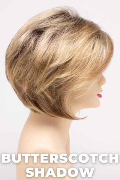 Color Swatch Butterscotch Shadow for Envy wig Juliet.  A blend of warm blonde with a pale light blonde base, golden undertones and dark brown rooting.