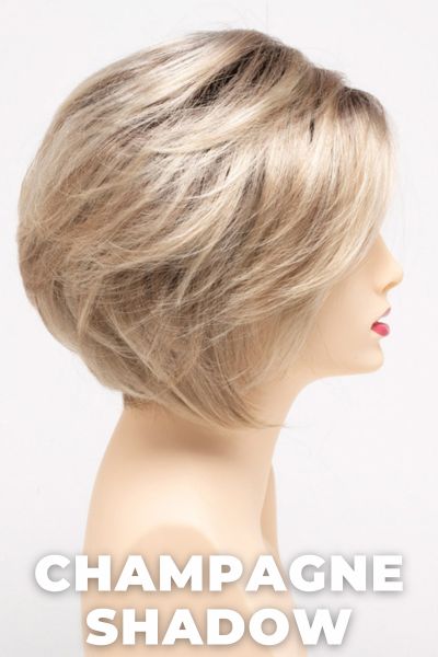 Color Swatch Champagne Shadow for Envy wig Juliet.  A blend of warm blonde with golden undertones and a pale light blonde base with dark brown rooting.