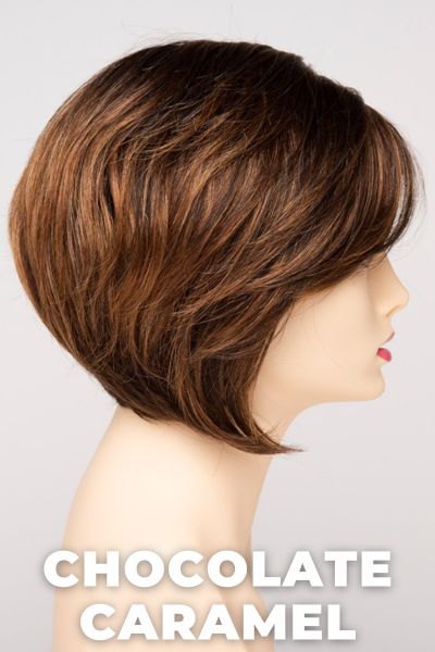 Color Swatch Chocolate Caramel for Envy wig Juliet. Rich chocolate brown with warm golden chestnut brown highlights.