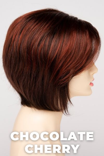 Color Swatch Chocolate Cherry for Envy wig Juliet.  Medium brown base with subtle red undertones and deep copper and golden brown highlights.