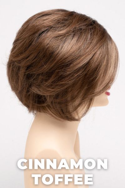 Color Swatch Cinnamon Toffee for Envy wig Juliet.  Blend of neutral and light golden brown base with rich dark brown rooting.