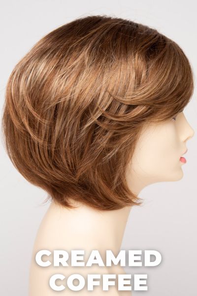 Color Swatch Creamed Coffee for Envy wig Juliet.  Rich brown base with a warm Mahogony and copper brown with strawberry blonde dimensions.