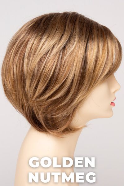 Color Swatch Golden Nutmeg for Envy wig Juliet.  Medium brown base with a red hue, golden blonde highlights and a rich chocolate brown root.