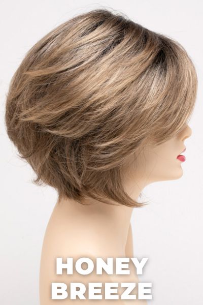 Color Swatch Honey Breeze for Envy wig Juliet.  A blend of ash blonde, honey blonde and medium rich brown with a dark brown root.