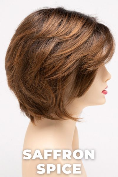Color Swatch Saffron Spice for Envy wig Juliet.  Warm reddish brown base blended with bright copper and dark brown roots.