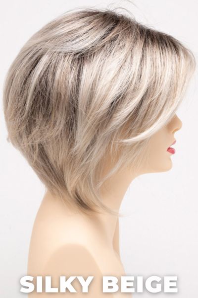 Color Swatch Silky Beige for Envy wig Juliet.  Neutral platinum blonde base with dark brown roots.