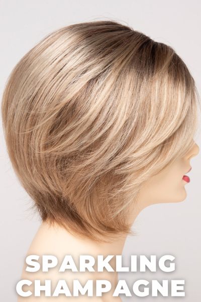 Color Swatch Sparkling Champagne for Envy wig Juliet.  Golden blonde base with champagne and pale blonde highlights and a chestnut brown rooting.