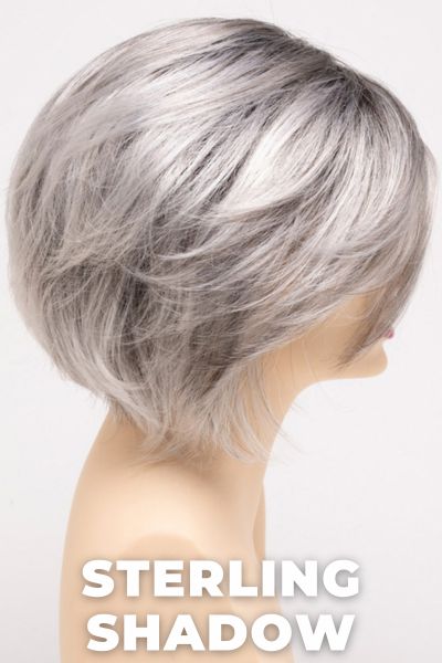 Color Swatch Sterling Shadow for Envy wig Juliet.  A blend of salt and pepper grey with dark brown roots.