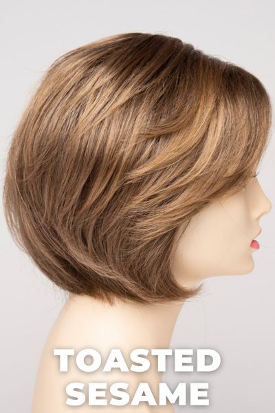 Color Swatch Toasted Sesame for Envy wig Juliet.  Light brown base with wheat blonde and dark blonde highlights and a chestnut brown rooting.