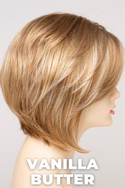 Color Swatch Vanilla Butter for Envy wig Juliet. Golden blonde base with pale blonde and honey blonde highlights.