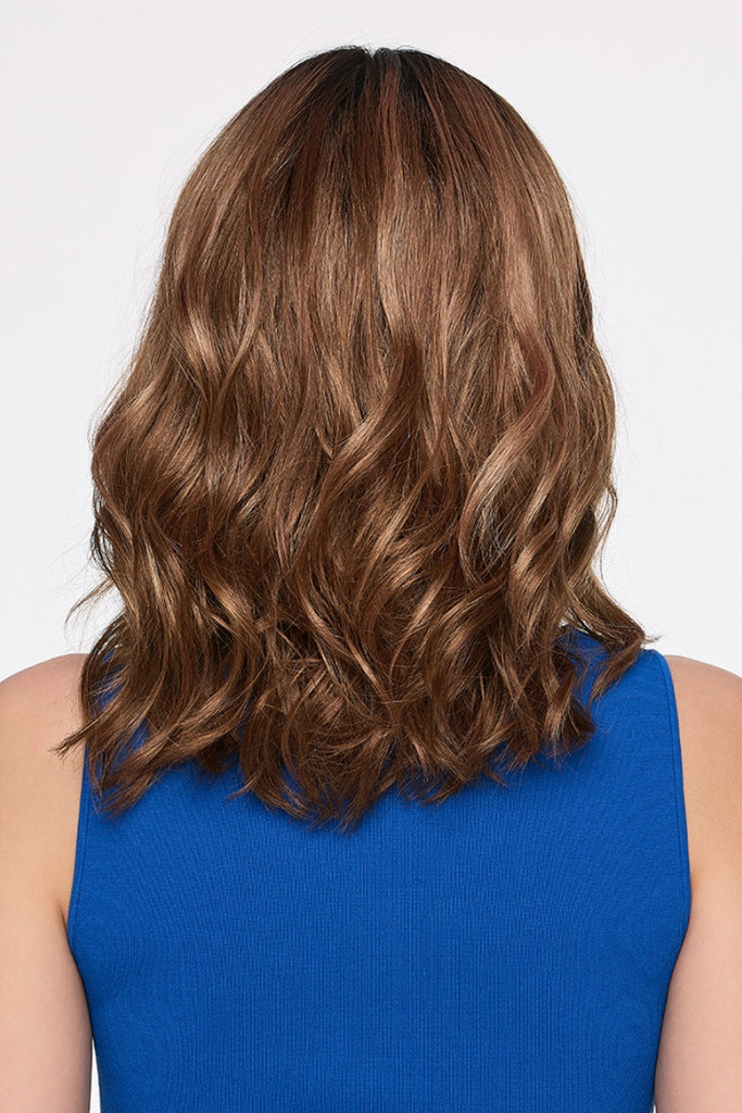 Back of model styling Molly in the color Cinnamon Toffee.