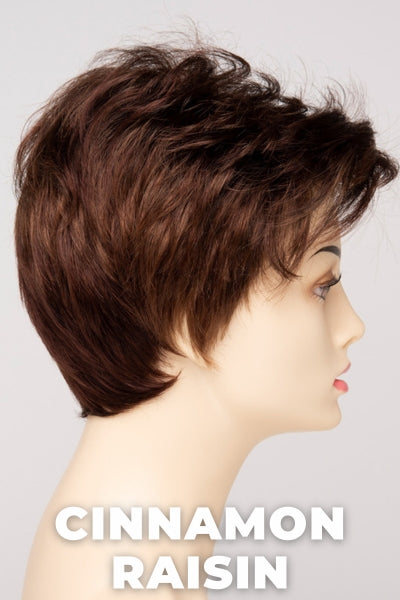 Color Swatch Cinnamon Raisin for Envy wig Raven.  A blend of medium chestnut brown with subtle golden auburn highlights.