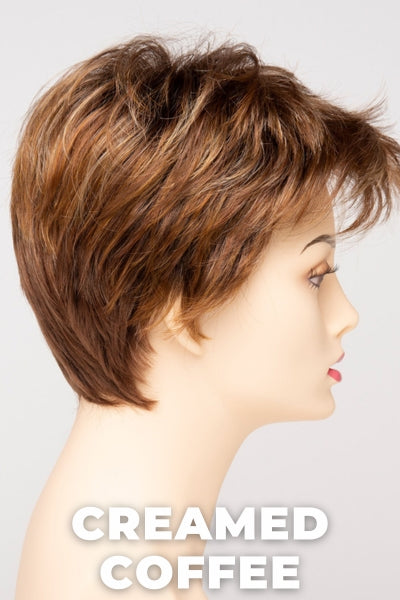 Color Swatch Creamed Coffee for Envy wig Raven.  Rich brown base with a warm Mahogony and copper brown with strawberry blonde dimensions.