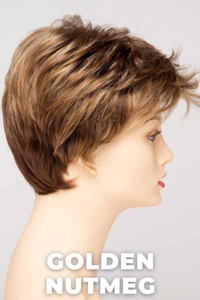 Color Swatch Golden Nutmeg for Envy wig Raven.  Medium brown base with a red hue, golden blonde highlights and a rich chocolate brown root.