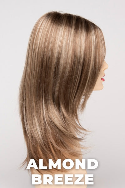 Color Swatch Almond Breeze for Envy wig Roxie.  Dark warm honey blonde with subtle creamy blonde and pale blonde highlights.