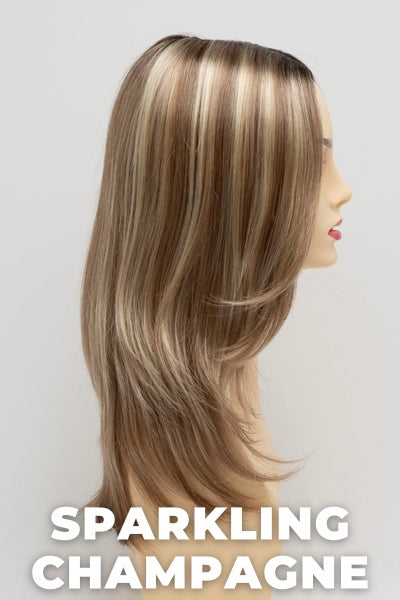 Color Swatch Sparkling Champagne for Envy wig Roxie.  Golden blonde base with champagne and pale blonde highlights and a chestnut brown rooting.