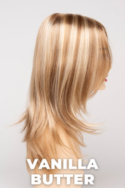 Color Swatch Vanilla Butter for Envy wig Roxie.  Golden blonde base with pale blonde and honey blonde highlights.