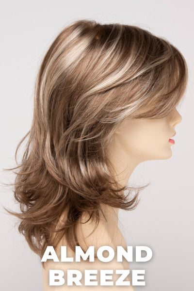 Color Swatch Almond Breeze for Envy wig Rylee.  Dark warm honey blonde with subtle creamy blonde and pale blonde highlights.